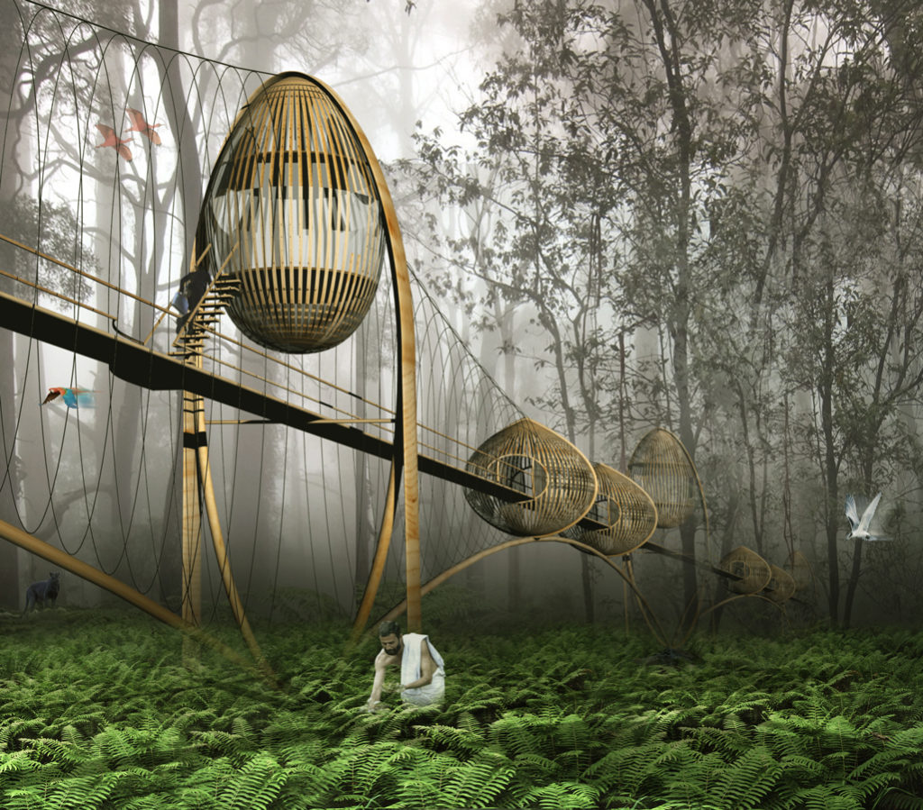 A man is seen tending to the rainforest while a light structure of elevated pods suspended on a walkway runs above